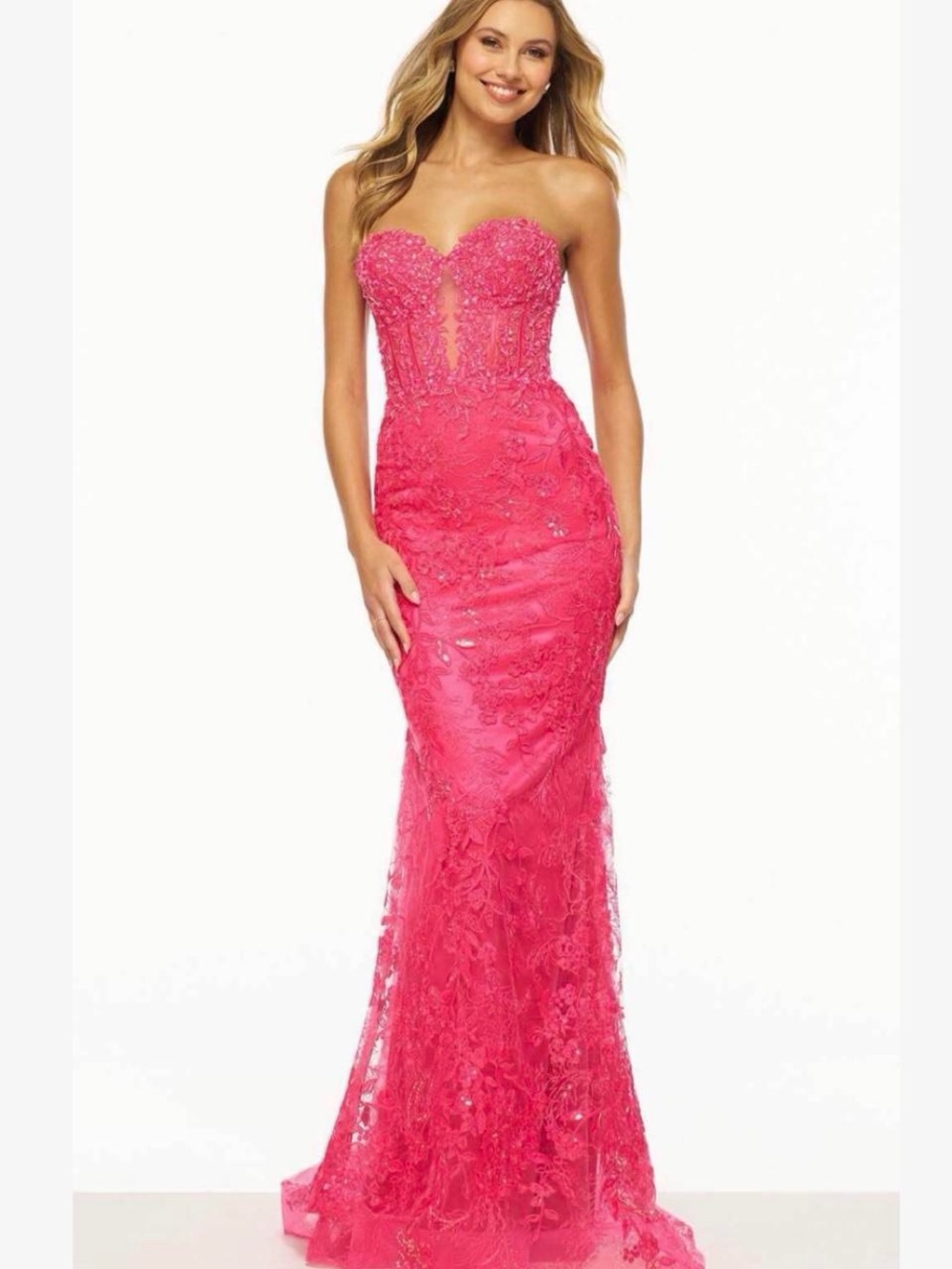 Sherri Hill Hot Pink Size 2 Floral Sweetheart Strapless Mermaid Prom Dress NWT